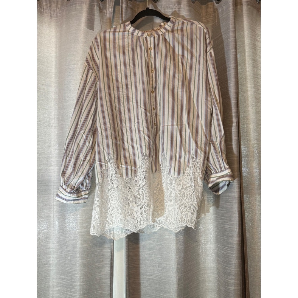 Anthropologie PILCRO Striped Lace Hem Tunic Blouse Shirt Long Sleeve Top Sz XL